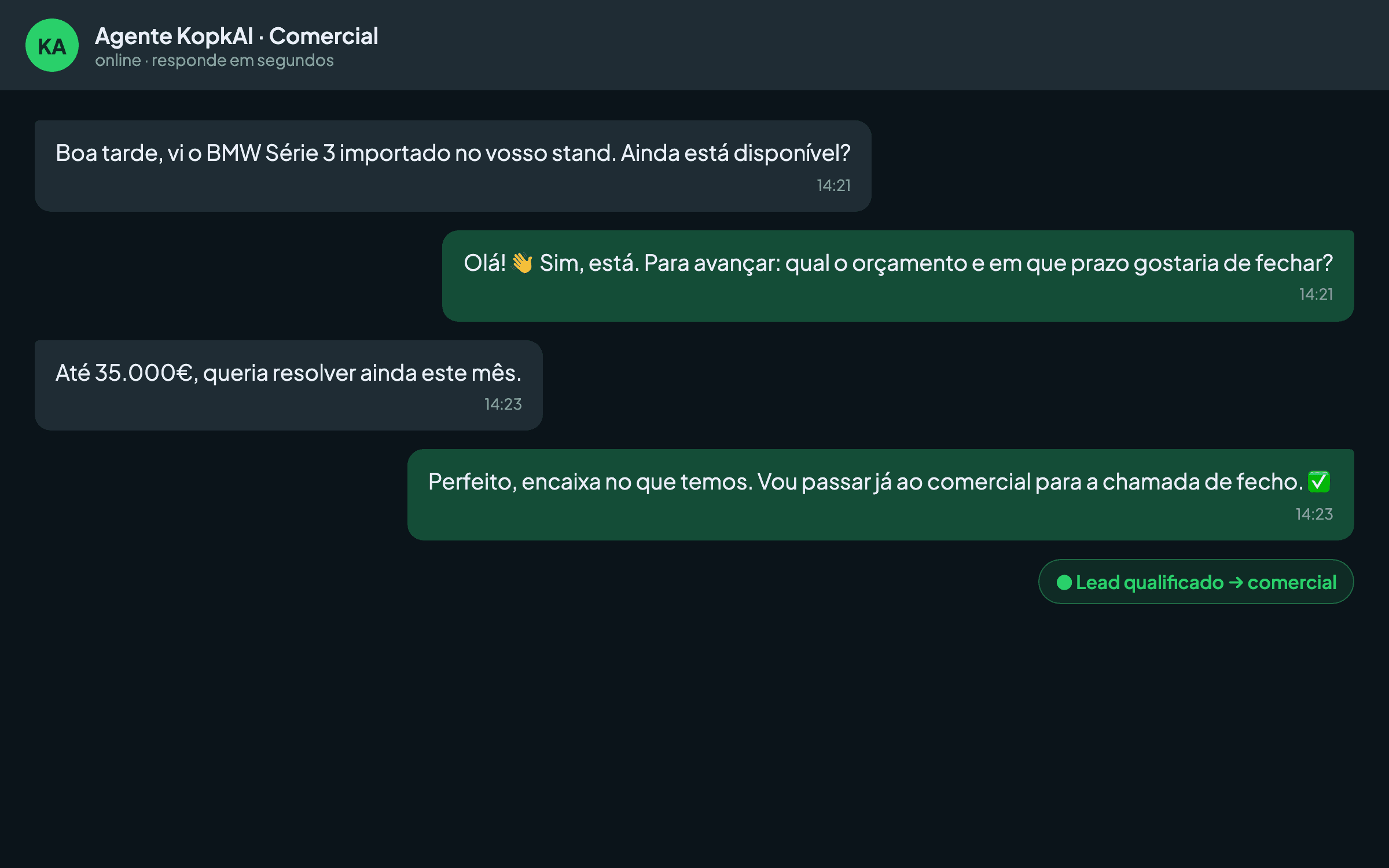 Print do sistema: Agente comercial no WhatsApp