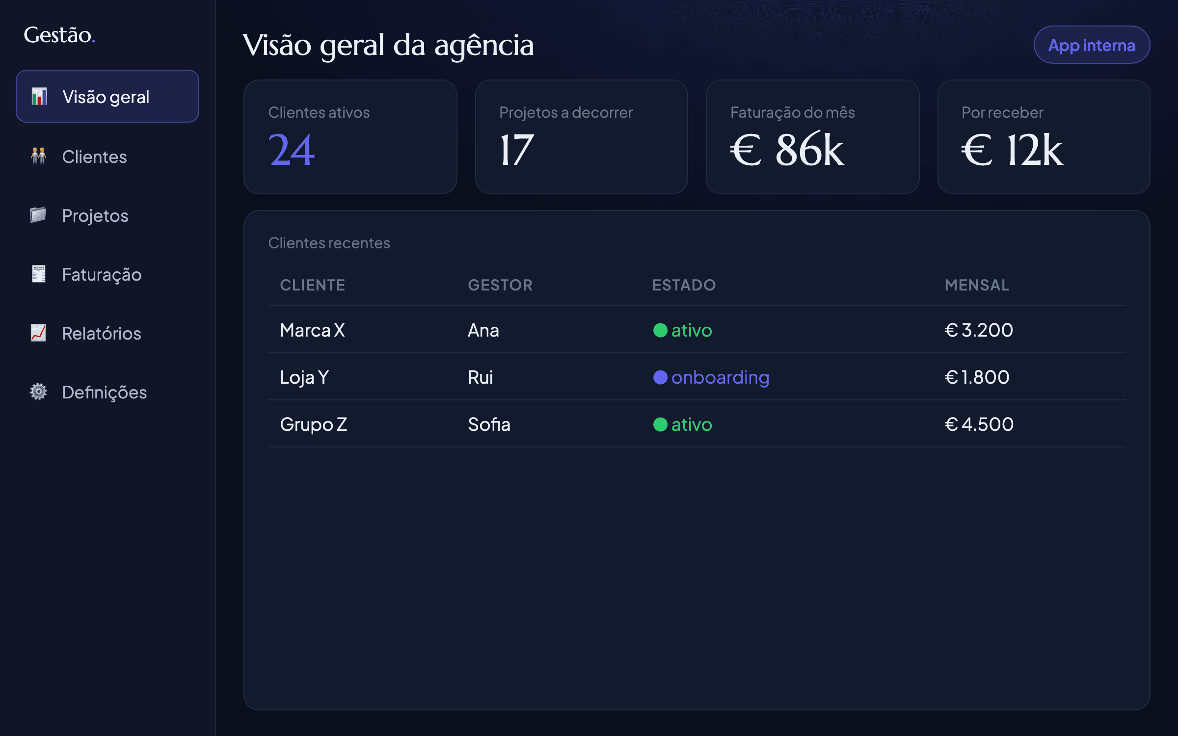 Print do sistema: Central de gestão para agências